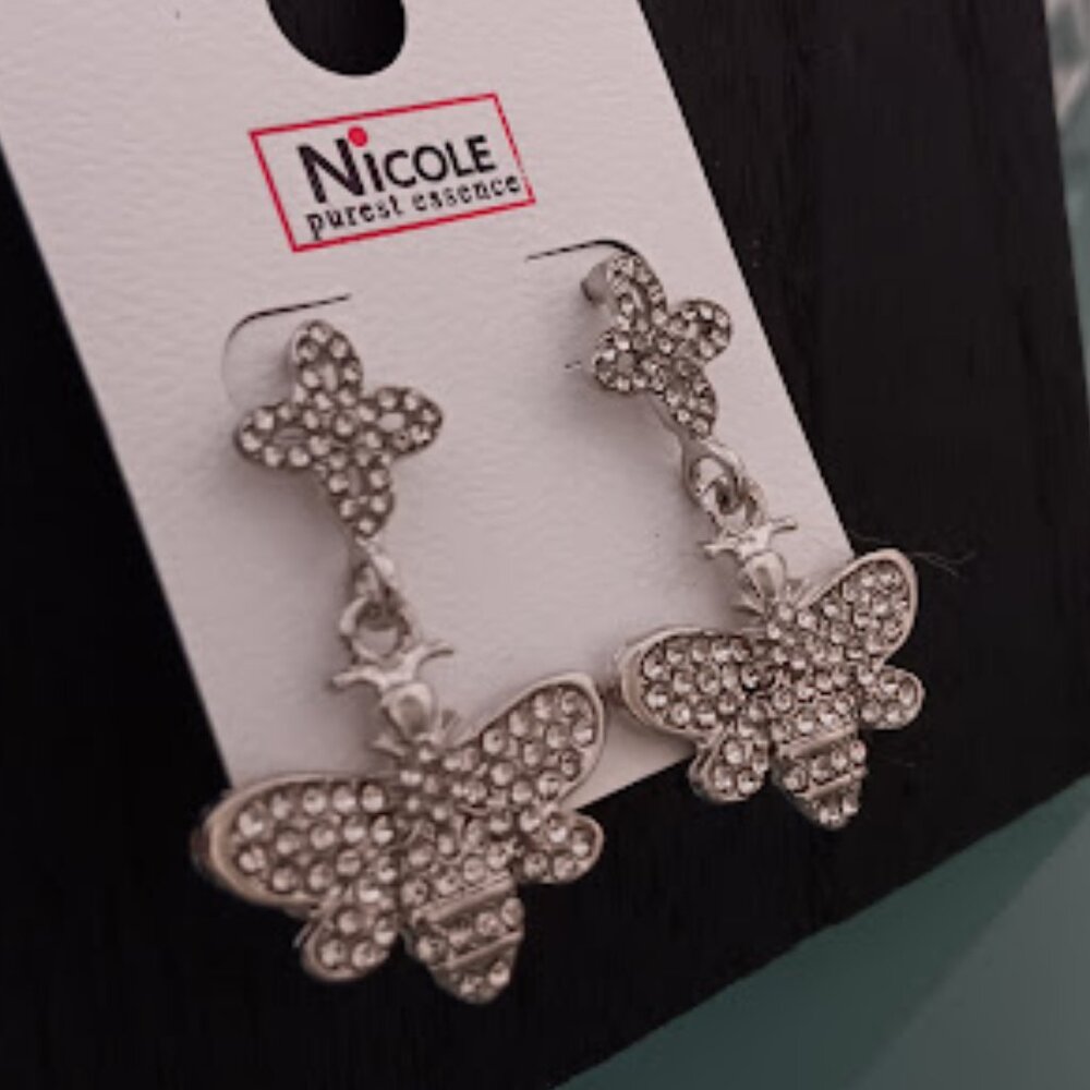 NICOLE Mod/Contemporary Lucky Clover & Queen Bee Silver Clear Crystal Earrings - Picture 2 of 6